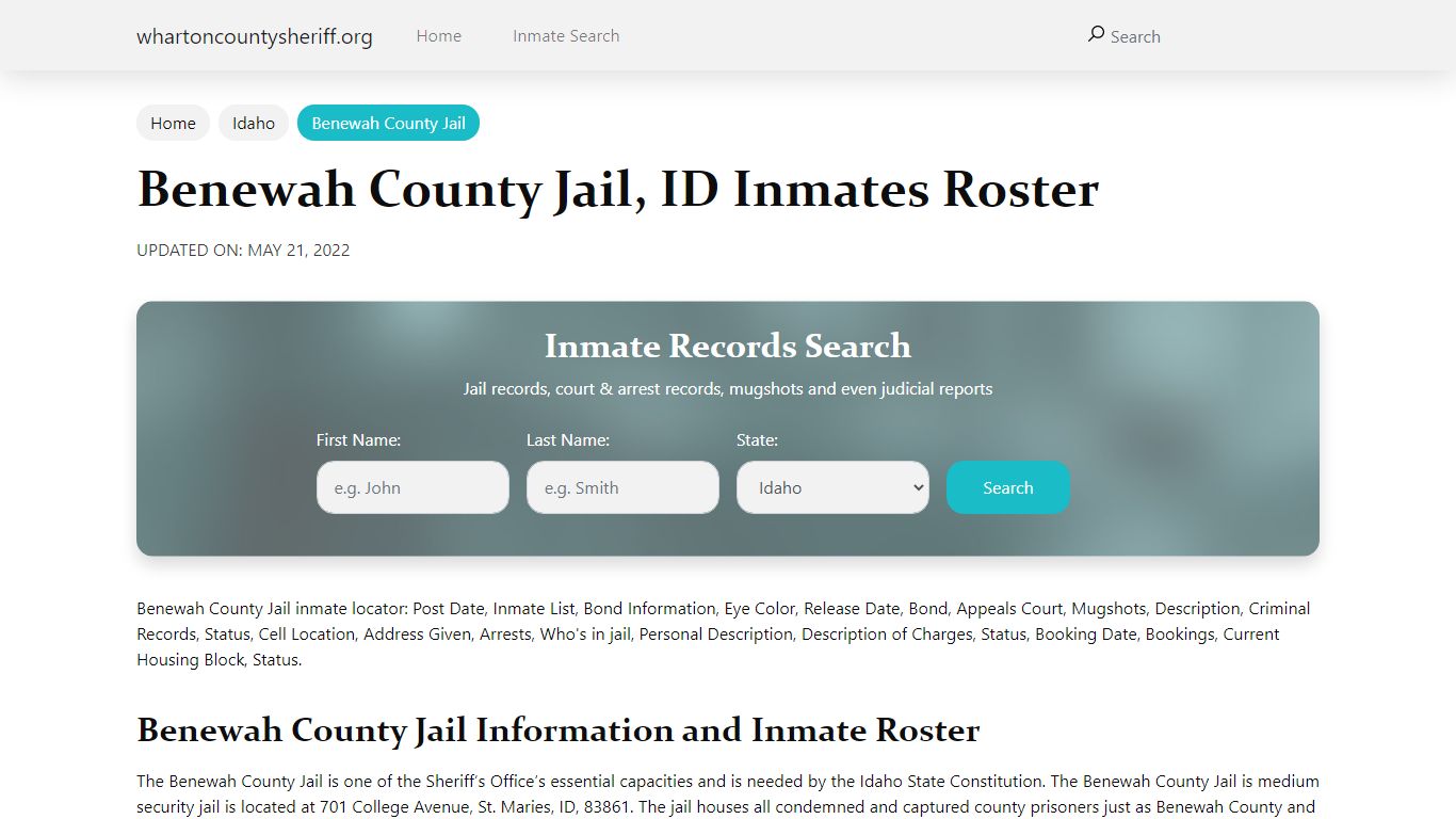 Benewah County Jail, ID Jail Roster, Name Search